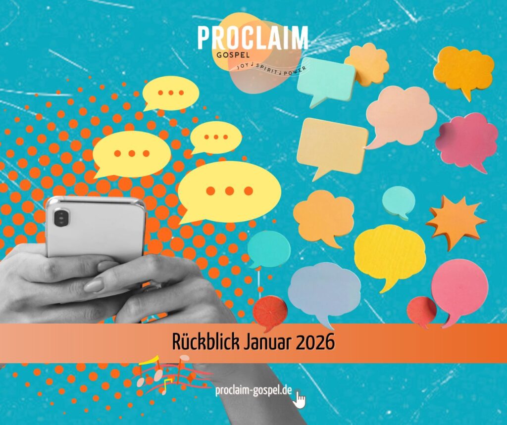 Das Bild zeigt eien Hand mit Mobiltelefon in der Hand und stilisierte Chat-Sprechblasen – unser Monatsrückblick vom Gospelchor ProClaim aus Wuppertal.