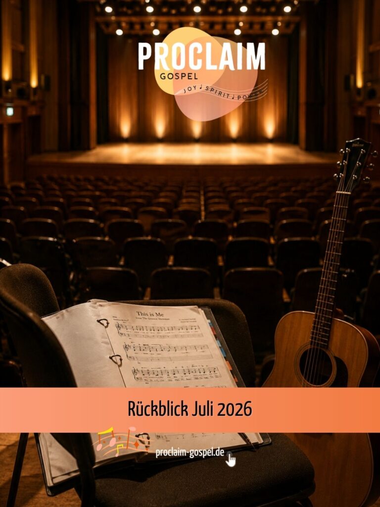 Das Bild zeigt einen leeren Konzertsaal mit Blick auf die Bühne, im Vordergrund eine Gitarre und ein Notenständer – unser Monatsrückblick vom Gospelchor ProClaim aus Wuppertal (Bildquelle: KI-generiert).