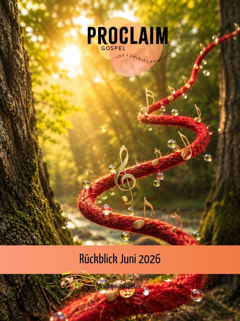 Das Bild zeigt einen roten Faden, an dem sich Noten und Schweißperlen aufreihen vor einer Waldkulisse, in der sich die Sonne ihren Weg durch die Bäume bahnt – unser Monatsrückblick vom Gospelchor ProClaim aus Wuppertal (Bildquelle: KI-generiert).