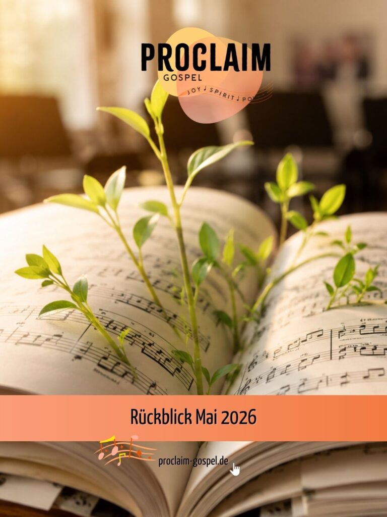 Das Bild zeigt ein Notenbuch, aus dem junge hellgrüne Pflanzentriebe ragen – unser Monatsrückblick vom Gospelchor ProClaim aus Wuppertal (Bildquelle: KI-generiert).